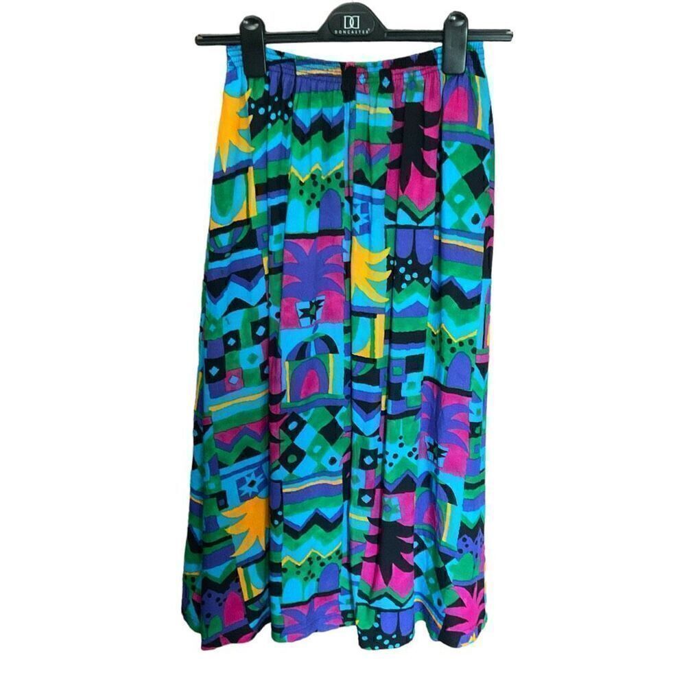 Melrose Vintage Maxi Skirt Flare Elastic Waist Blue Green Pink Tropical JR 7